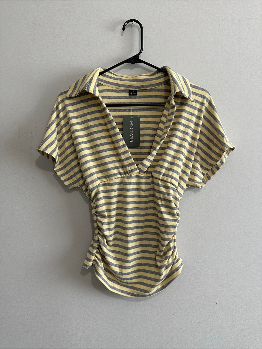 Striped V-Neck Polo Top with Sinched Waist
